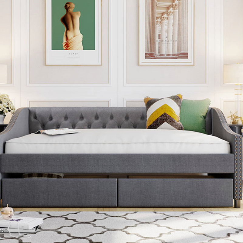 Upholstered Daybed With Two Drawers, Wood Slat Support (Daybed), Gray