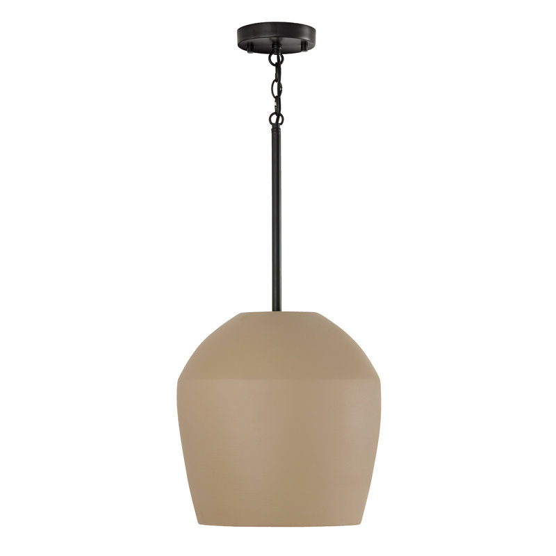 12.5" W x 14" H 1-Light Handcrafted Terracotta Pendant in Matte Black, Terracotta Ivory
