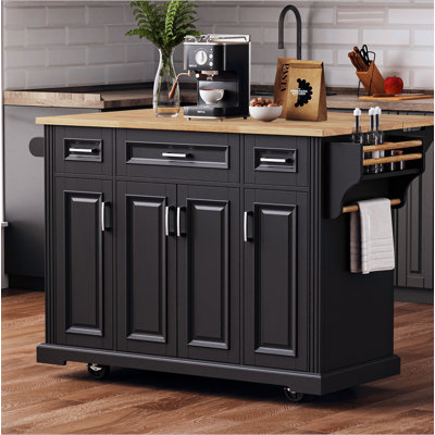 54Inch Large Kitchen Island With Rubber Wood Drop Leaf, Embossed Texture Rolling Kitchen Cart On 4 Wheels With 4 Doors And 3 Drawers, Kitchen Island With Storage For Kitchen, Dining Room