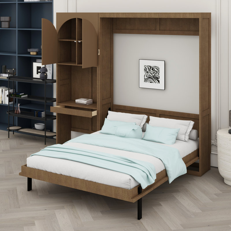 Lit escamotable avec armoire réversible de gauche à droite, lumières DEL et tiroirs de rangement, Noyer