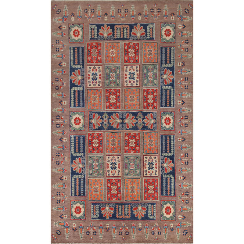 Tapis brun / rouge / bleu en laine noué à la main de conception unique 5 pi 11 po x 9 pi New Age