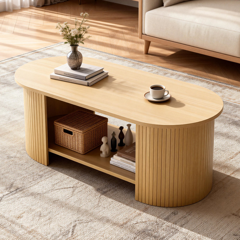 Oval Coffee Table With Storage, Mid-Century Modern 2-Tier Center Table For Living Room, Oak, 18.03" H x 42.51" W x 20" D