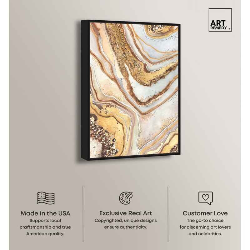 Golden Lines Abstract Canvas Wall Art with Black Frame