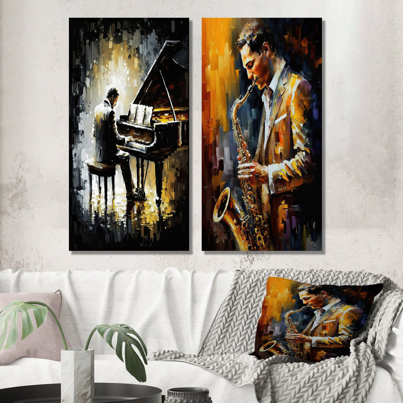 «Man jouant du piano», 2 pièces sur toile, Toile tendue, H 32 po x l 32 po