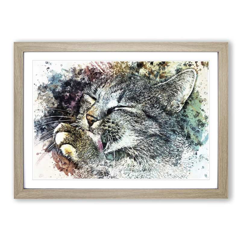 Cat Licking its Paw in Abstract - Picture Frame Graphic Art Print, Oak Framed, 48cm H x 65cm W x 2cm D