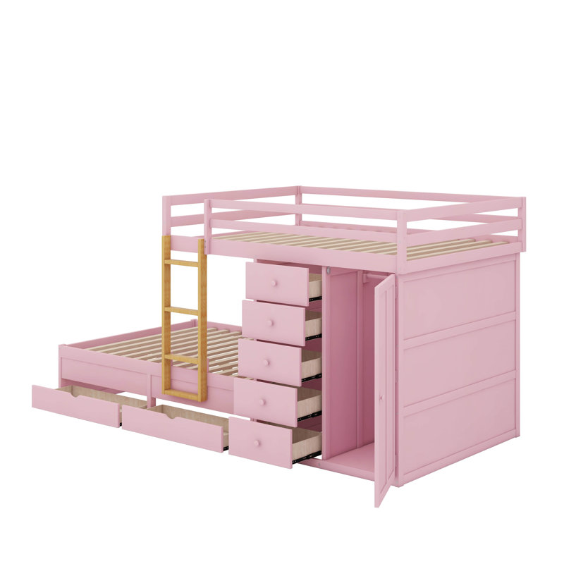 Lit superposé en bois avec 2 grands tiroirs et 5 petits tiroirs, petite armoire, Rose Sakura