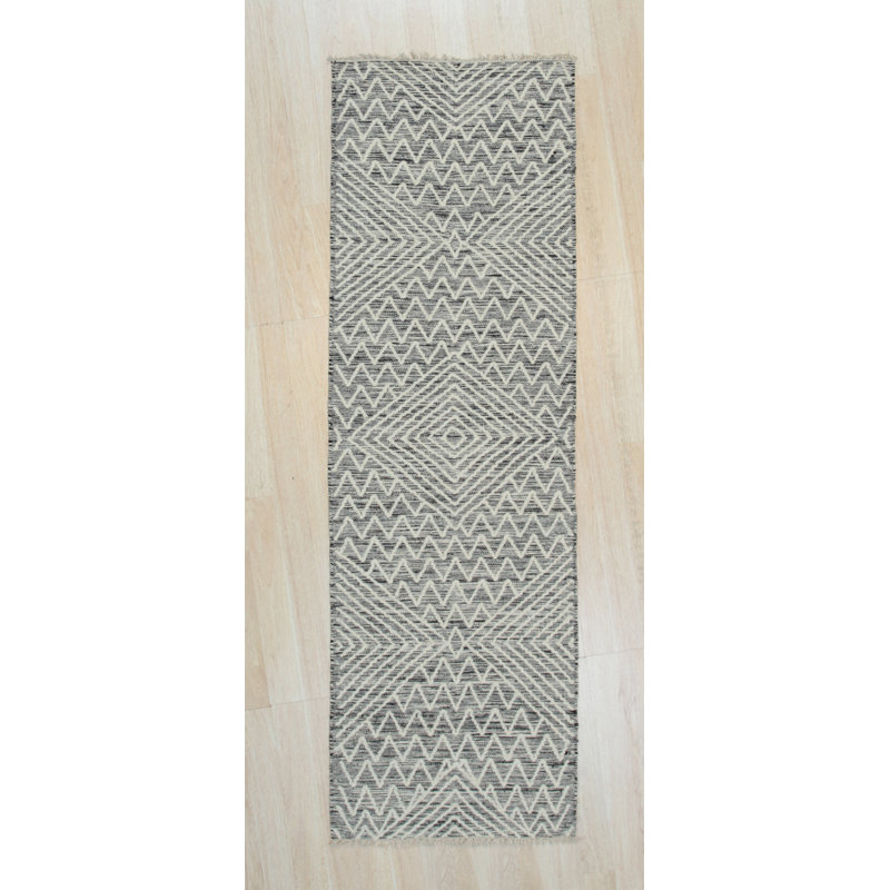 Celia Kilim Blue Handmade Wool Black Contemporary Geometric Area Rug, Runner 2' x 8'