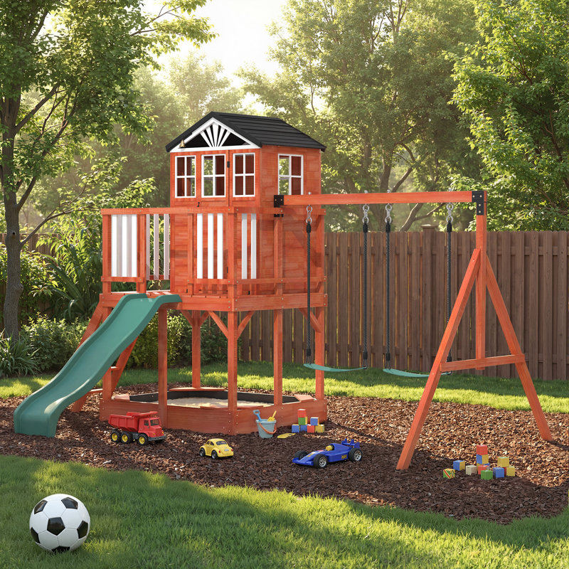 Kids Outdoor Wooden Swing Set with Elevated Playhouse, Wave Slide, Belt Swings and Sandbox