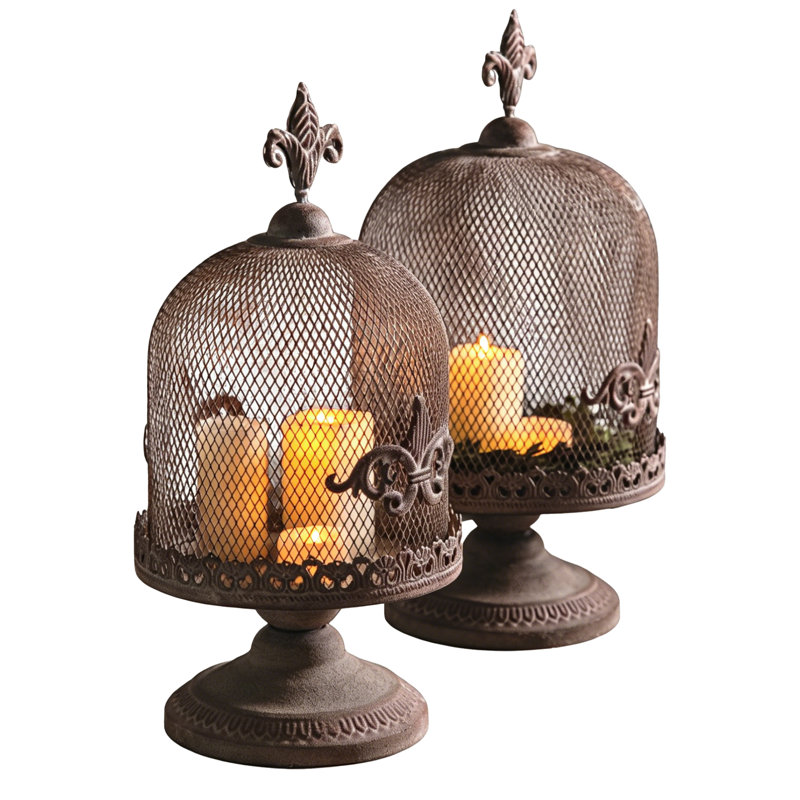 Rustic French Iron Birdcage-Style Candle Holder Set