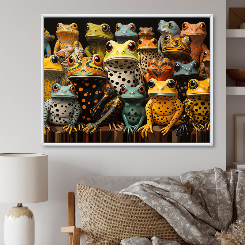 «Multicolor Pop Art Frogs I», reproduction d'art sur toile, H 24 po x l 32 po x P 1 po, Cadre flottant blanc