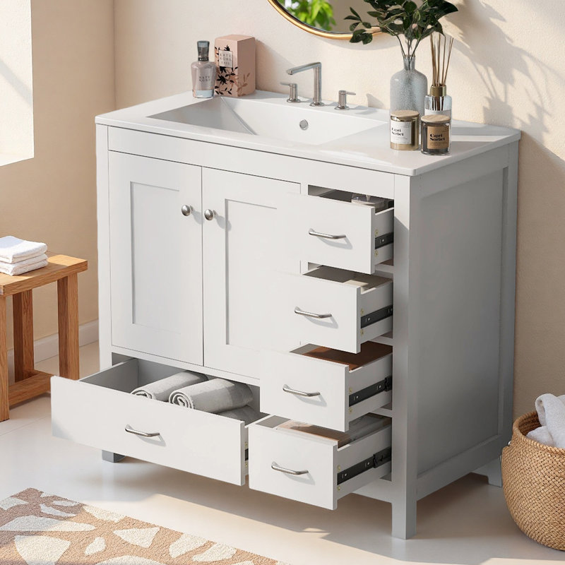 Meuble-lavabo simple 36 po avec plateau en céramique, 5 tiroirs et 2 portes, Blanc