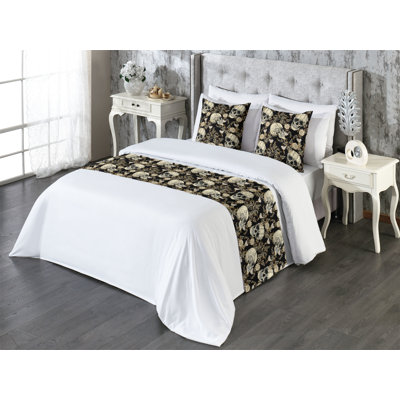Ambesonne Skull Bed Runner Set Traditional American Skeleton Charcoal Grey Cream