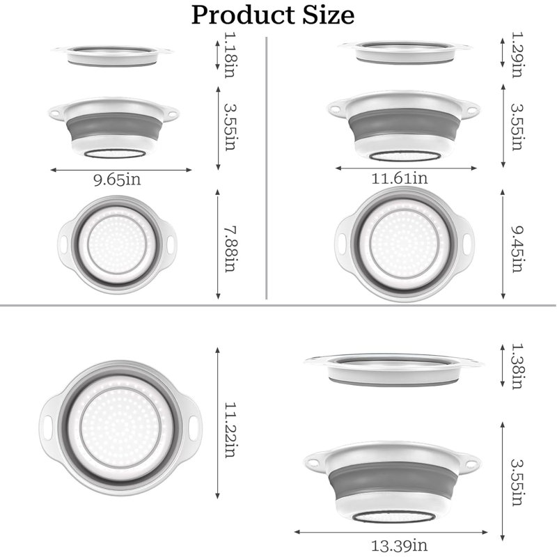 3-Pack Set Space-Saving Foldable Kitchen Strainer with Non-Slip Base Durable Thickened PP+TPE Collapsible