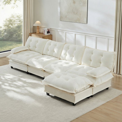 Canapé modulaire modulaire en forme de L de 138 po en forme de L avec repose-pieds 4 places, canapé profond en chenille avec coussin en treillis confortable décoré, chambre et appartement, beige