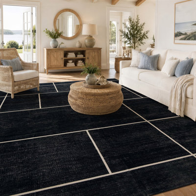 Tapis noir antidérapant Windowpane Grid