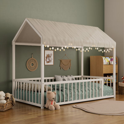 Structure de lit simple en métal de style Montessori, lit en forme de maison avec clôture pour enfants et tout-petits
