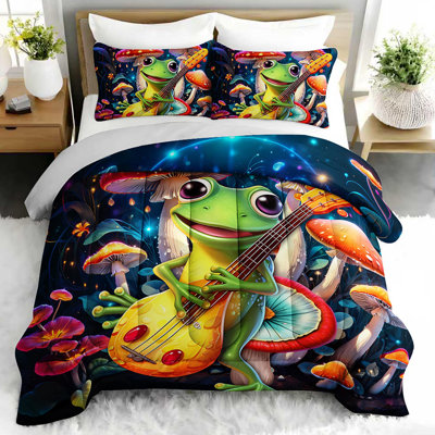 Joli ensemble d'édredon guitare jouant de la grenouille, ensemble de literie champignon psychédélique avec 2 taies d'oreiller, literie douce et lavable à la machine, édredon toutes saisons pour la décoration de chambre
