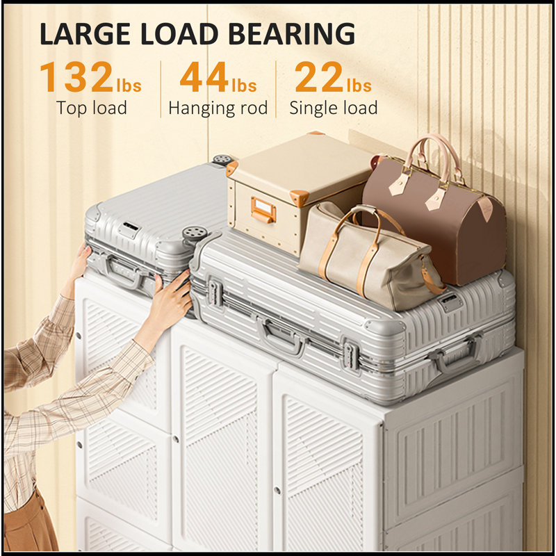 Armoire-penderie portable, armoire de chambre pliante, organisateur de rangement de vêtements avec 11 compartiments cubiques, tringle, portes magnétiques, blanc