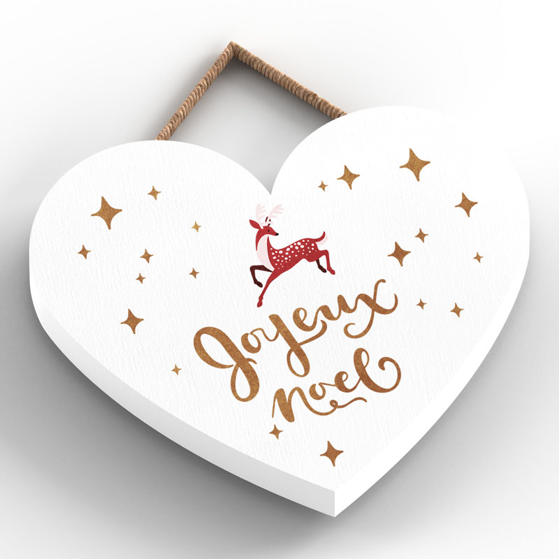 Xmas Joyeux Noel Wooden Heart Plaque, 10cm H x 9cm W x 0.5cm D