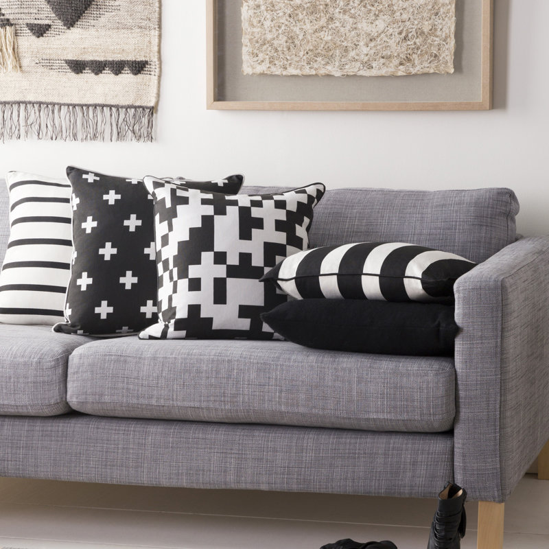Inga Geometric Cotton Pillow Cover, White/ Black, Down