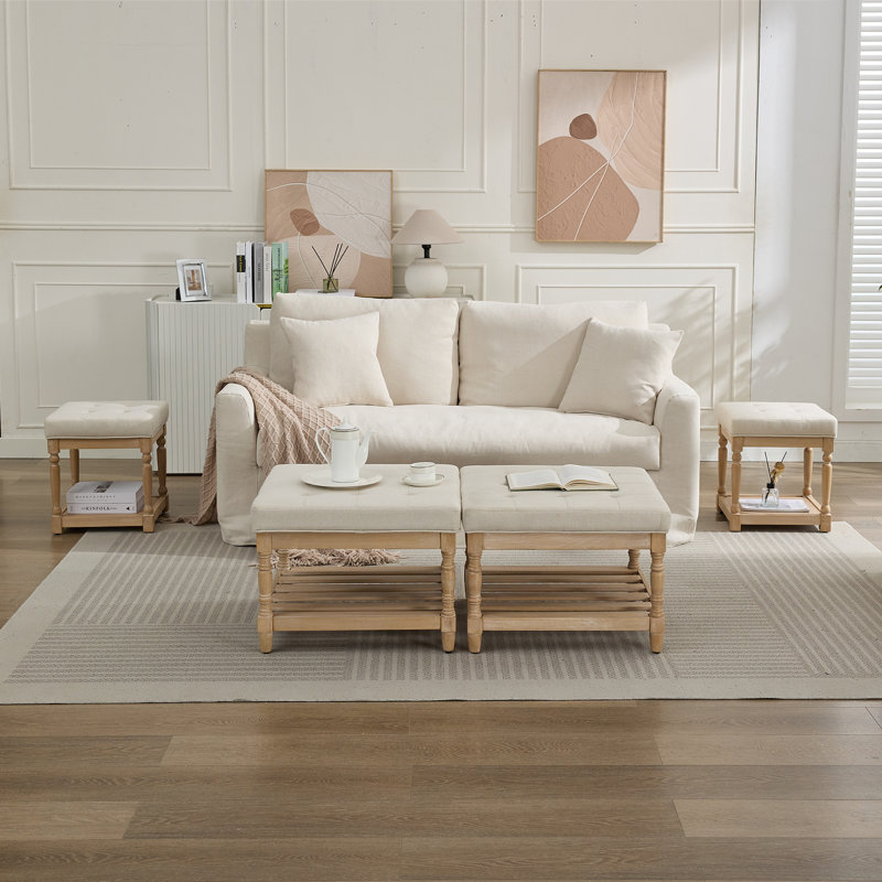  Gladis 4-Piece Linen Fabric Coffee Table and End Table Set with Storage, Beige Top/Light Brown Base