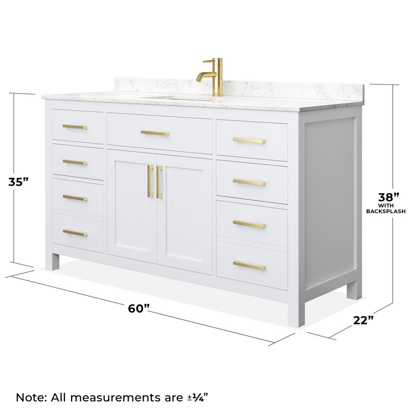 Beckett 60" Single Bathroom Vanity Set, Brushed Gold, Carrara Cultured Marble, White