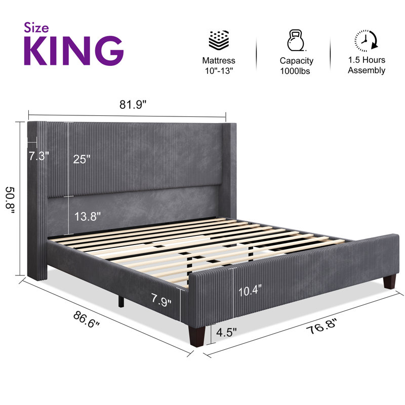 Crofford Corduroy Upholstered Bed, King, Gray Corduroy