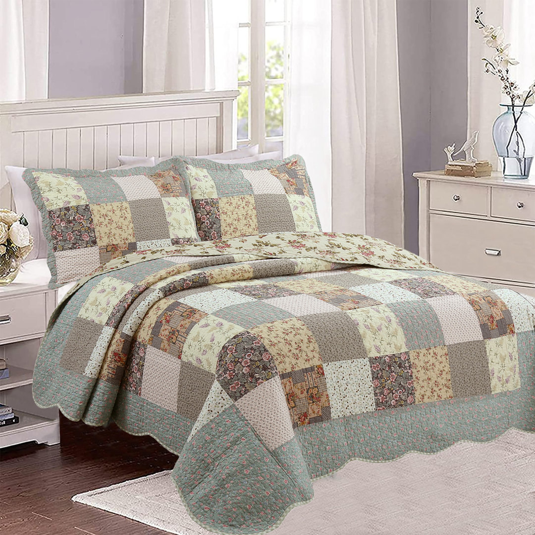 BB2022-080 Gray/Brown/Cream Standard Cotton Reversible 3 Piece Quilt Set Cozy Line Home Fashion 