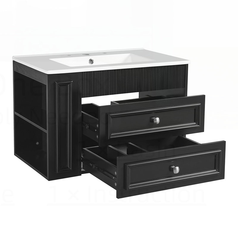 Meuble-lavabo mural avec 2 tiroirs, lavabo simple en céramique à 3 trous et armoire de rangement flottante moderne, Noir