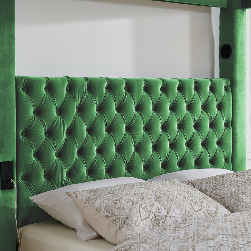 Lit à baldaquin Queen Size, plateforme rembourrée en velours avec haut-parleur Bluetooth intégré, ports de chargement USB-A et USB-C, 590 kg