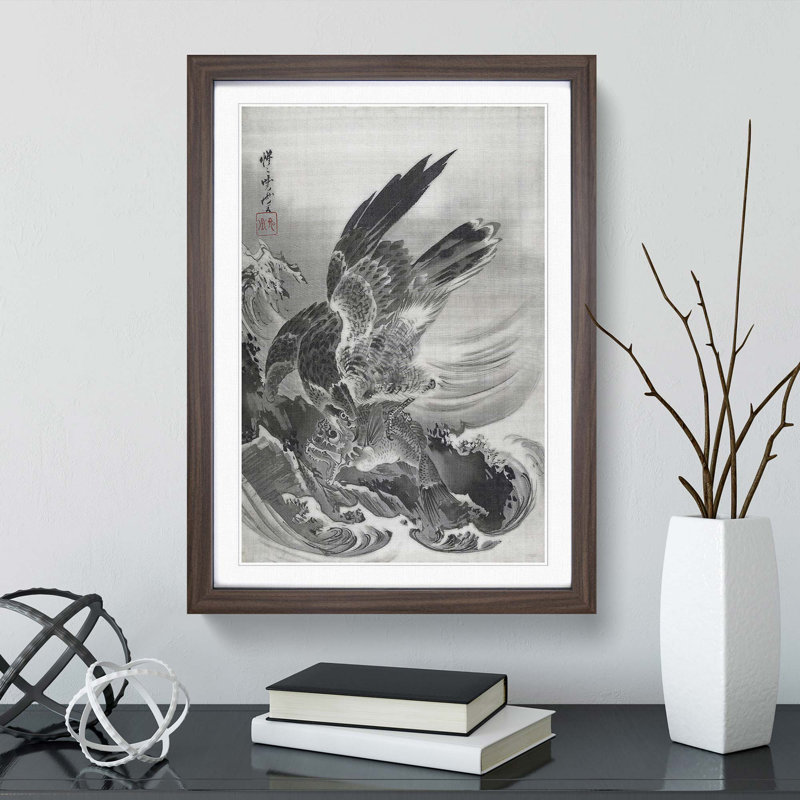 Eagle Attacking Fish by Kawanabe Kyosai - Picture Frame Painting Print, Walnut Framed, 36cm H x 27cm W x 2cm D
