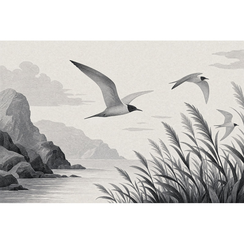 Murale de paysage côtier gravé, oiseaux de mer, 100 po x 96 po, Texturé non collé