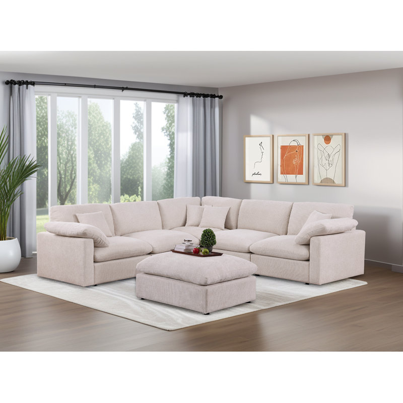 Modular Sectional Sofa, Oversized Cloud Couch With Deep Seats, Soft Fabric Cushions, Beige Fabric, 30" H x 108" W x 108" D 