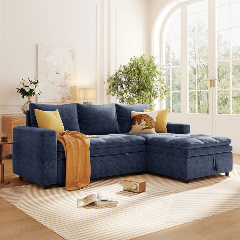 Canapé-lit modulaire rembourré avec espace de rangement, Chenille bleu