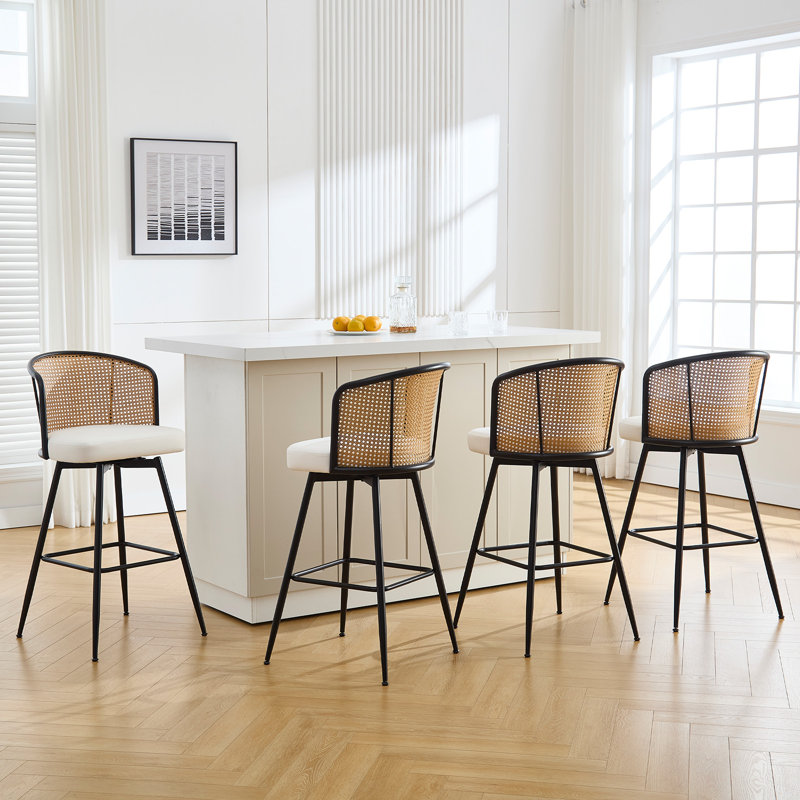 Cane Back Swivel Upholstered Counter & Bar Stool, Bar Stool (29” Seat Height), Cream