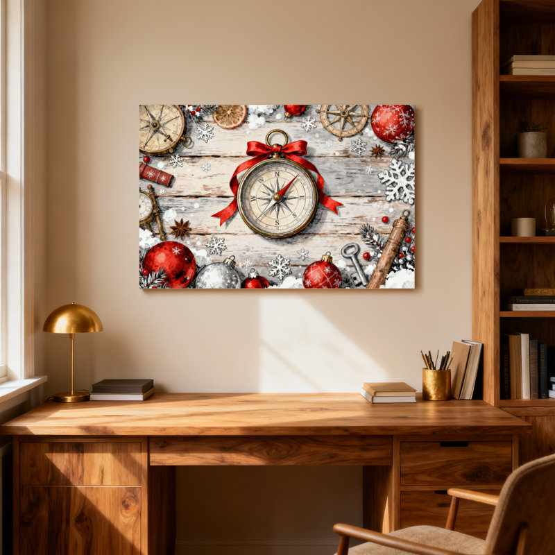 Boussole de Noël avec ruban rouge et ornements, H 32 po x l 48 po