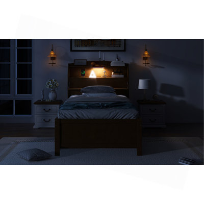 Lit plateforme simple en bois avec lit gigogne, tête de lit et tiroirs