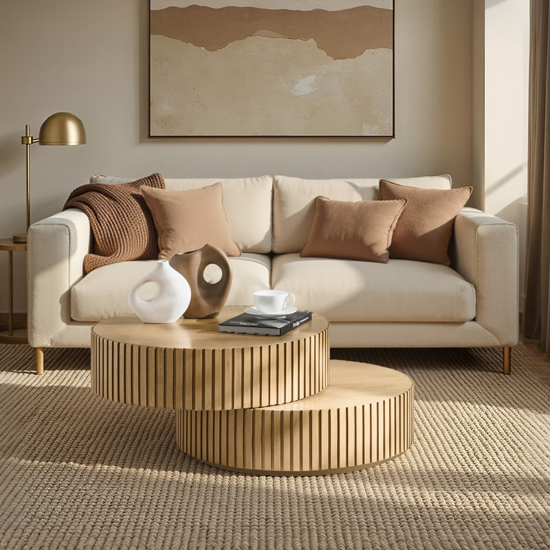 Jadida Gabriela Modern 27.8"W Fully Assembled Swivel-Top Fluted Round Coffee Table With Dual Rotating Surfaces, Natural