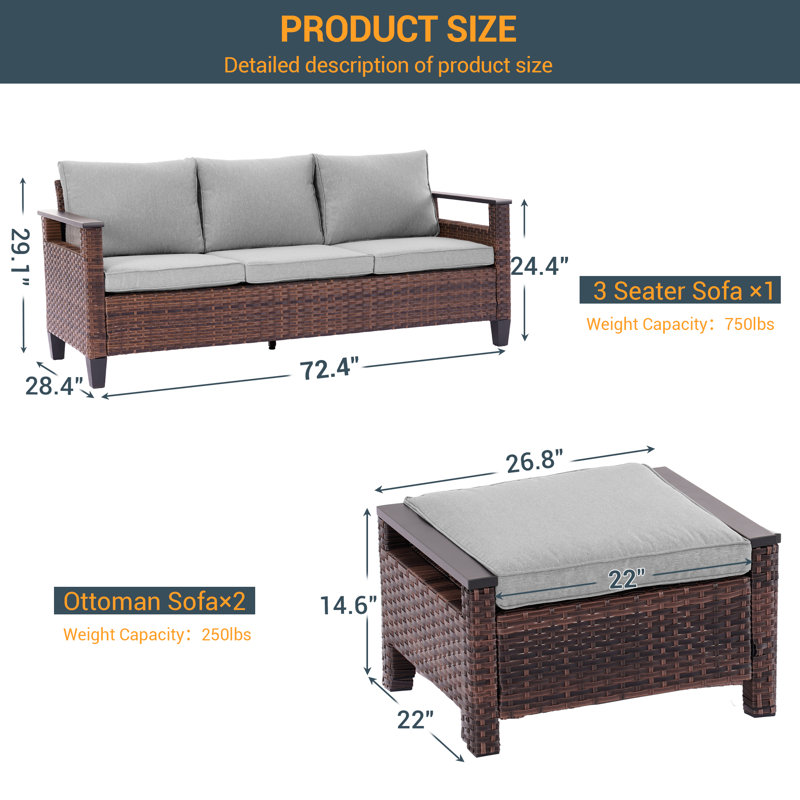 Schiess 3 Piece Patio Wicker Sofa Set with Ottomans, Linen Gray
