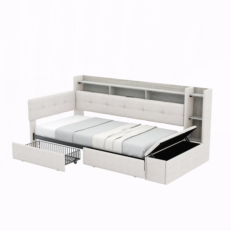 Twin Size Upholstery Daybed with Storage Footstool and Shelves,with Two Drawers, Beige, Twin