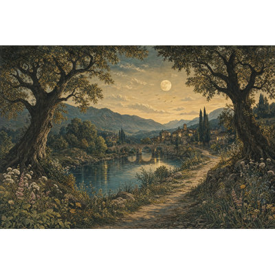 Landscape Mural Wallpaper Moonlit Countryside River And Stone Bridge Wall Mural