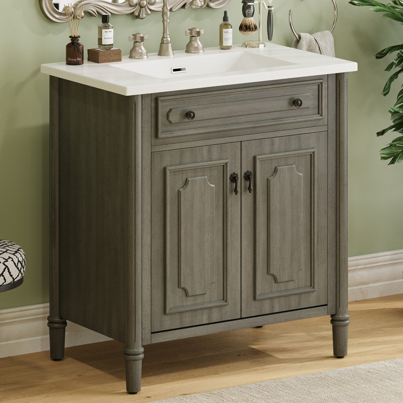 Meuble-lavabo de salle de bain rétro avec évier et armoire rustique, Gris antique