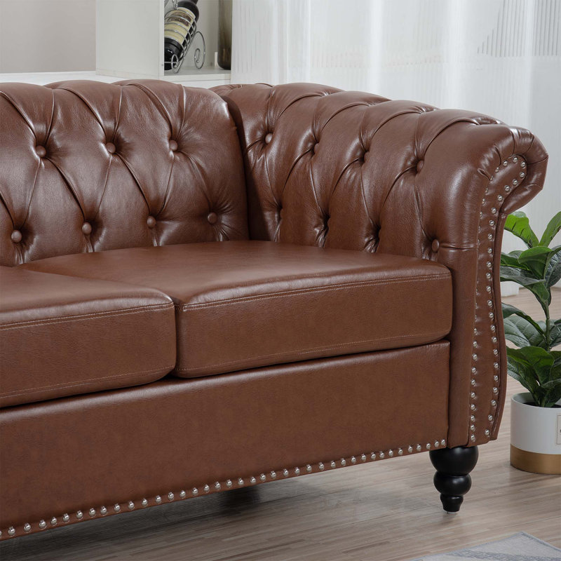 Elaiza 3-Seater Chesterfield Faux Leather Sofa with Rolled Arm, Dark Brown 1, 29" H x 84" W x 32.5" D, Black