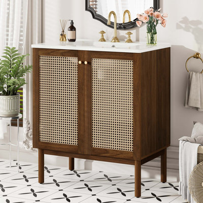 30-Inch Bathroom Vanity With Handwoven Bamboo Doors, Mdf Cabinet & Soft-Close Design