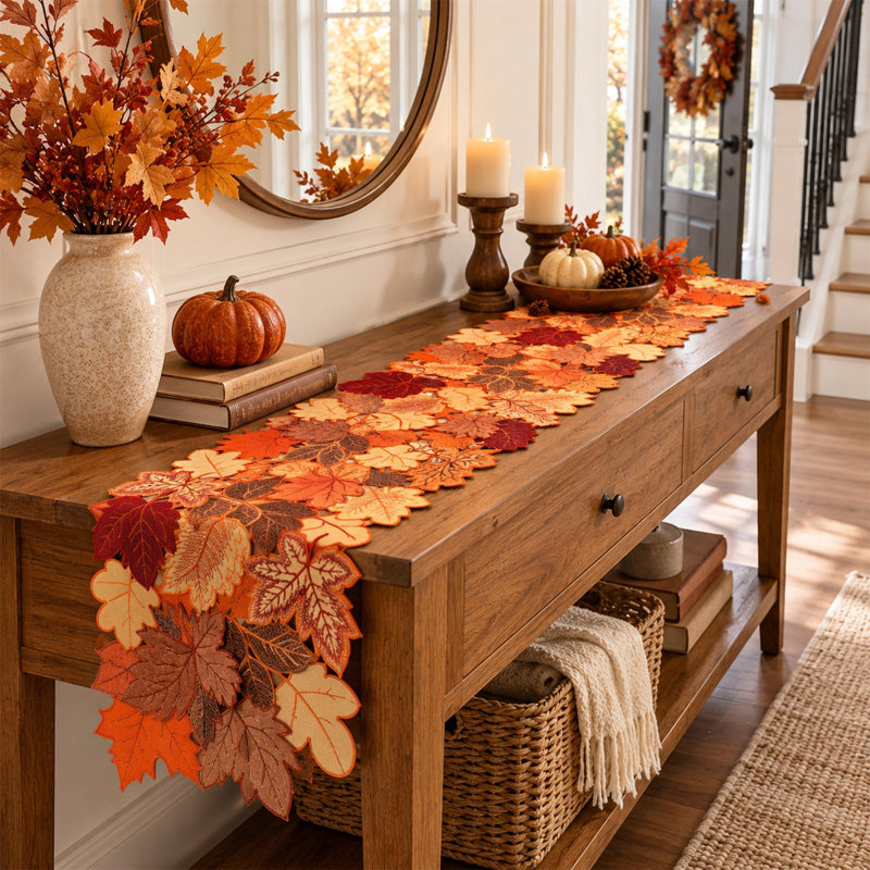 Chemin de table brodé de feuilles d'érable d'automne de 183 cm