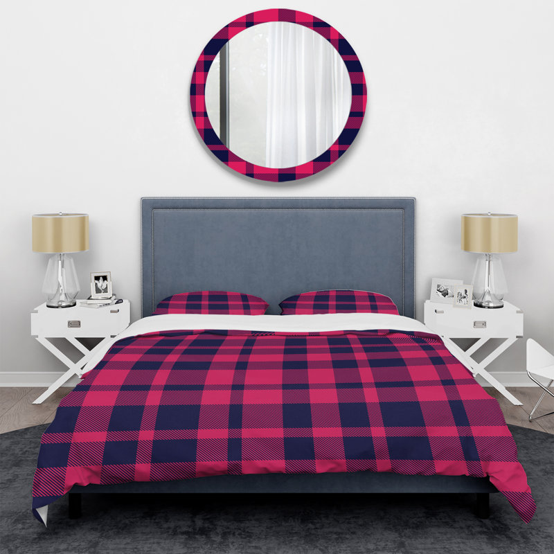 Pink Checked Tartan - Abstract Duvet Cover Set - Microfiber Polyester, Full/Queen Duvet Cover + 2 Standard Shams