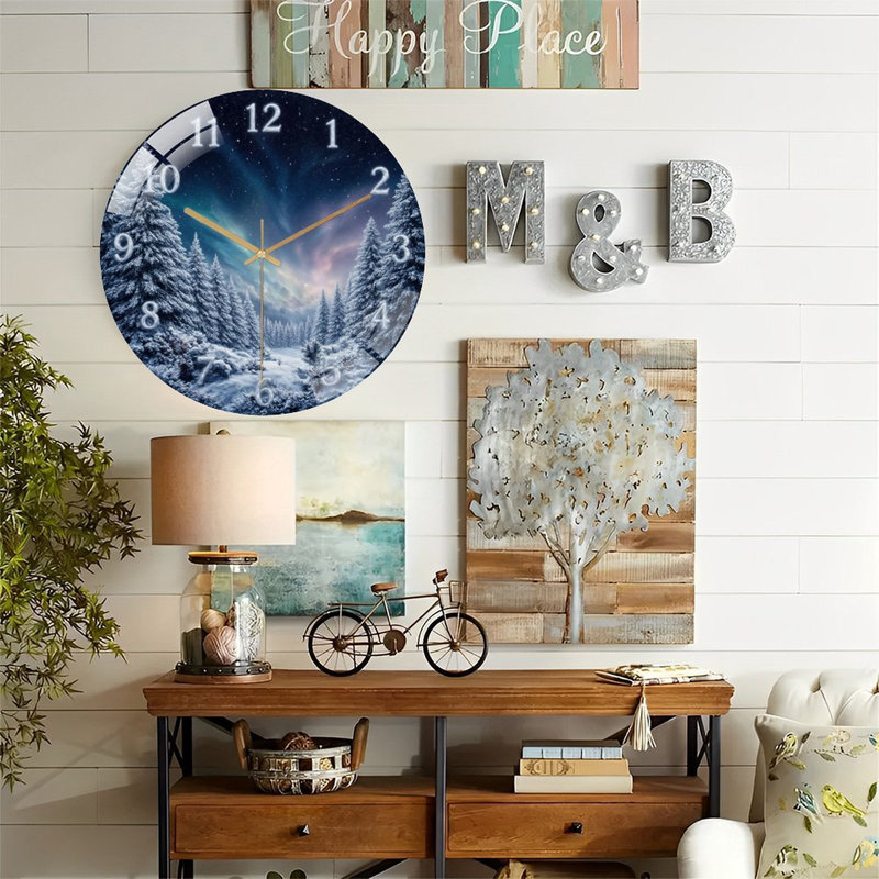 Hiver-horloge-aurore-forêt Art - horloge murale moderne en verre 12 po