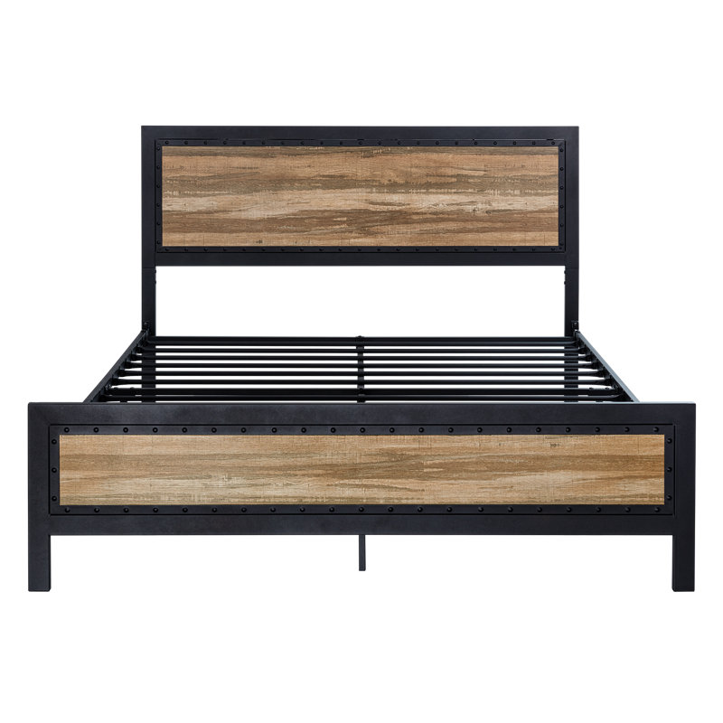Marla Rivet Metal Frame Platform Bed with Industrial-Inspired Style Headboard , Full/Double, Vintage Brown