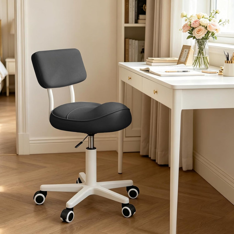 Tabouret ergonomique selle avec dossier, chaise pivotante à roulettes réglable en hauteur, noir, Noir