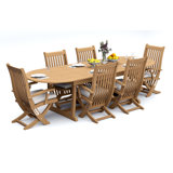 7 Pcs Grade-A Teak Wood Dining Set: 118" Double Extension Mas Oval Trestle Leg Table And 6 Warwick Reclining Arm Chairs #11Wa2706